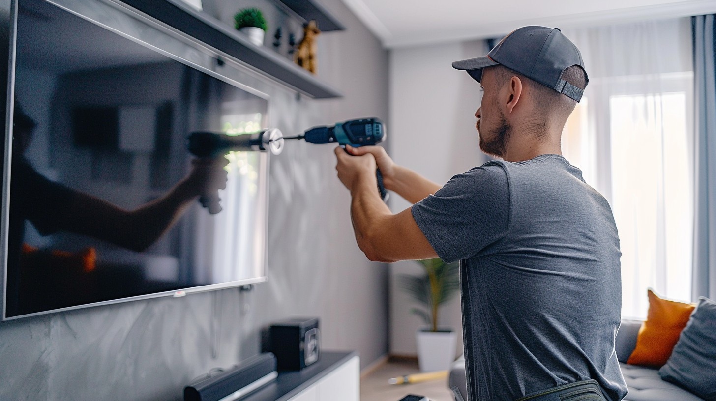 TV mounting in Dallas by professional technician installing flat-screen TV on wall